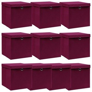 vidaXL Úložné boxy s vekom 10 ks, tmavočervené 32x32x32 cm, látka