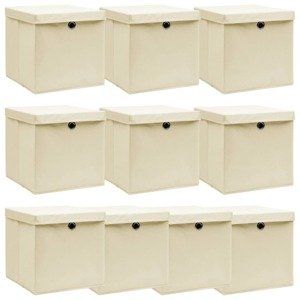 vidaXL Úložné boxy s vrchnákom 10 ks krémové 32x32x32 cm látkové