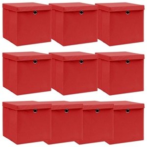 vidaXL Úložné boxy s vrchnákmi 10 ks červené 32x32x32 cm látkové
