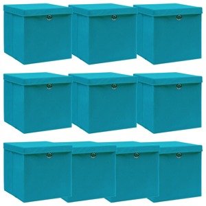 vidaXL Úložné boxy s vekom 10 ks, svetlomodré 32x32x32 cm, látka