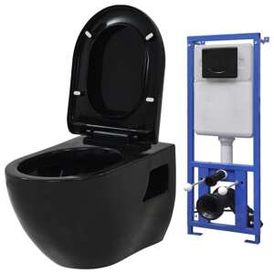 vidaXL Keramické závesné WC so skrytou nádržou čierne