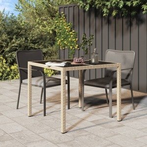 vidaXL Záhradný stôl 90x90x75 cm tvrdené sklo a polyratan béžový