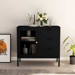 vidaXL Komoda čierna 75x35x70 cm oceľ a tvrdené sklo