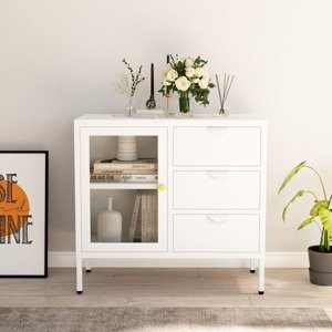 vidaXL Komoda biela 75x35x70 cm oceľ a tvrdené sklo
