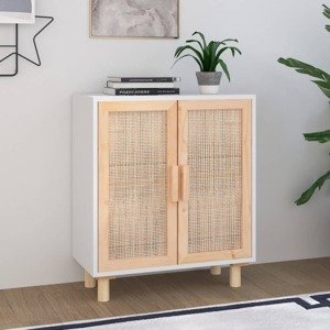 vidaXL Komoda biela 60x30x70 cm masívna borovica a prírodný ratan