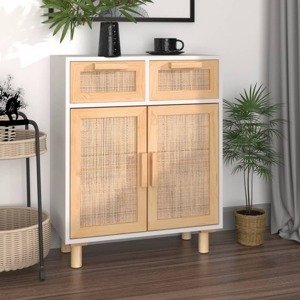 vidaXL Komoda biela 60x30x75 cm masívna borovica a prírodný ratan