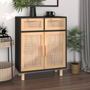 vidaXL Komoda čierna 60x30x75 cm masívna borovica a prírodný ratan