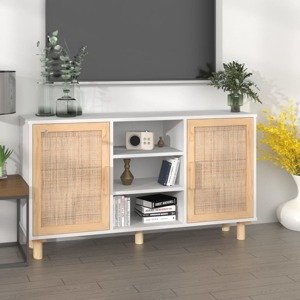 vidaXL Komoda biela 105x30x60 cm masívna borovica a prírodný ratan