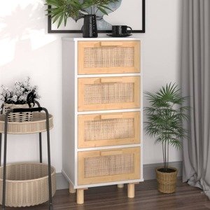 vidaXL Komoda biela 40x30x90 cm masívna borovica a prírodný ratan