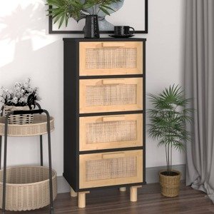 vidaXL Komoda čierna 40x30x90 cm masívna borovica a prírodný ratan