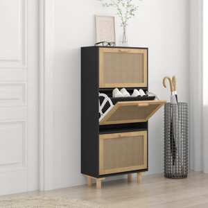 vidaXL Botník čierny 52x25x115 cm spracované drevo a prírodný ratan