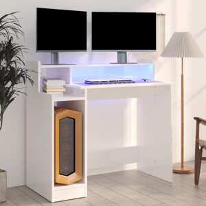 vidaXL Stôl s LED svetlami, lesklý biely 97x45x90 cm, kompozitné drevo