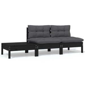 vidaXL 3-dielny záhradný sedací set so sedákmi čierny borovicový masív