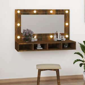 vidaXL Zrkadlová skrinka s LED dymový dub 90x31,5x62 cm