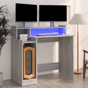 vidaXL Stôl s LED svetlami, sivá sonoma 97x45x90 cm, kompozitné drevo