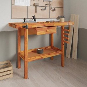 vidaXL Pracovný stôl so zásuvkou a zverákmi 124x52x83cm akáciový masív