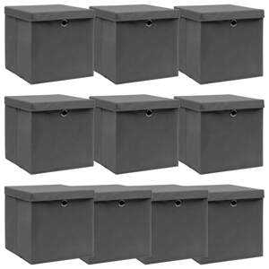 vidaXL Úložné boxy s vekom 10 ks, sivé 32x32x32 cm, látka