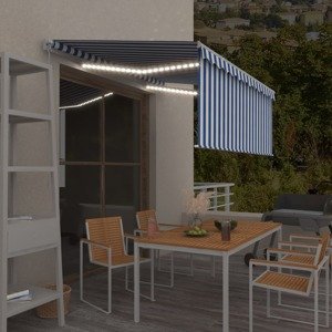 vidaXL Ručne zaťahovacia markíza s tienidlom a LED 3x2,5 m modro-biela
