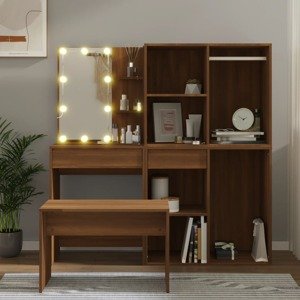vidaXL Sada toaletného stolíka s LED hnedý dub spracované drevo