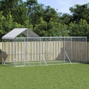 vidaXL Vonkajší koterec pre psov so strechou strieborný 6x2x2,5 m oceľ