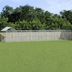 vidaXL Vonkajší koterec pre psov so strechou strieborný 14x2x2,5m oceľ