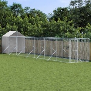 vidaXL Vonkajší koterec pre psov so strechou strieborný 2x14x2,5m oceľ