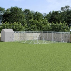 vidaXL Vonkajší koterec pre psov so strechou striebor. 10x10x2,5m oceľ