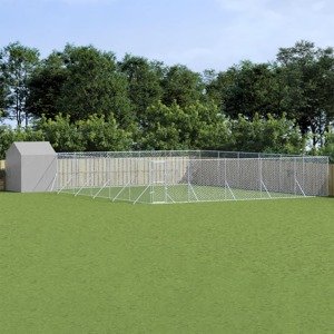 vidaXL Vonkajší koterec pre psov so strechou striebor. 12x12x2,5m oceľ