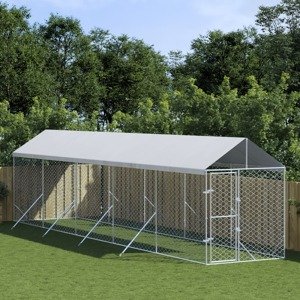 vidaXL Vonkajší koterec pre psov so strechou striebor. 2x10x2,5m oceľ