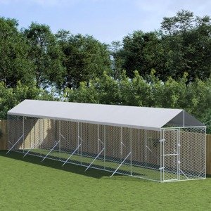 vidaXL Vonkajší koterec pre psov so strechou striebor. 2x14x2,5m oceľ