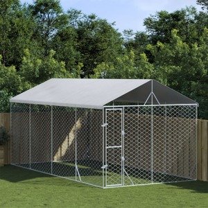vidaXL Vonkajší koterec pre psov so strechou strieborný 3x6x2,5 m oceľ