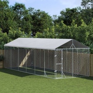 vidaXL Vonkajší koterec pre psov so strechou strieborný 3x9x2,5 m oceľ