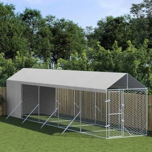 vidaXL Vonkajší koterec pre psov so strechou striebor. 2x10x2,5m oceľ