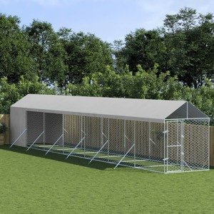 vidaXL Vonkajší koterec pre psov so strechou striebor. 2x14x2,5m oceľ