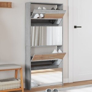 vidaXL Botník so zrkadlom 4-poschodový sivá sonoma 63x17x134 cm