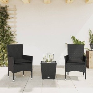vidaXL 3-dielna bistro súprava s vankúšmi čierna polyratan a sklo