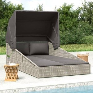 vidaXL Lehátko so skladacou strechou sivé 200x114x128 cm polyratan