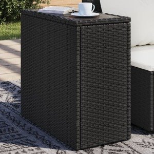 vidaXL Záh. príručný stôl sklenená doska čierny 58x27,5x55cm polyratan