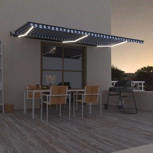 vidaXL Automatická markíza, LED a senzor vetra 600x350 cm, modrá/biela