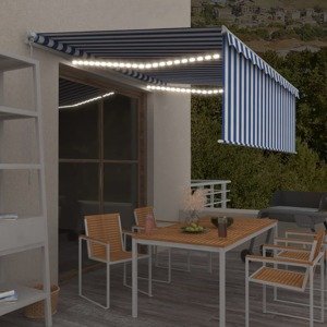 vidaXL Ručne zaťahovacia markíza s tienidlom a LED 4x3 m modro-biela