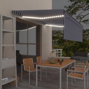 vidaXL Ručne zaťahovacia markíza s tienidlom a LED 4x3 m modro-biela
