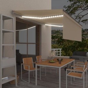 vidaXL Ručne zaťahovacia markíza s tienidlom a LED 4x3 m krémová