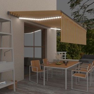 vidaXL Ručne zaťahovacia markíza s tienidlom a LED 5x3 m žlto-biela
