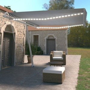 vidaXL Automatická markíza, LED a senzor vetra 450x350 cm, modrá/biela