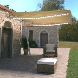 vidaXL Automatická markíza, LED a senzor vetra 500x350 cm, žltá/biela