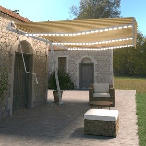 vidaXL Automatická markíza, LED a senzor vetra 600x350 cm, žltá/biela