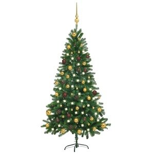 vidaXL Osvetlený umelý vianočný stromček s guľami 150 cm, zelený