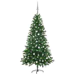vidaXL Osvetlený umelý vianočný stromček s guľami 150 cm, zelený