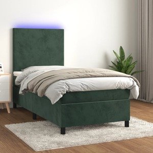 vidaXL Posteľný rám boxsping matrac a LED tmavozelený 90x200 cm zamat