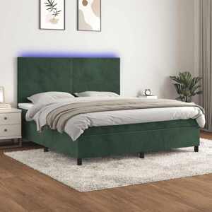 vidaXL Posteľný rám boxsping matrac a LED tmavozelený 180x200 cm zamat